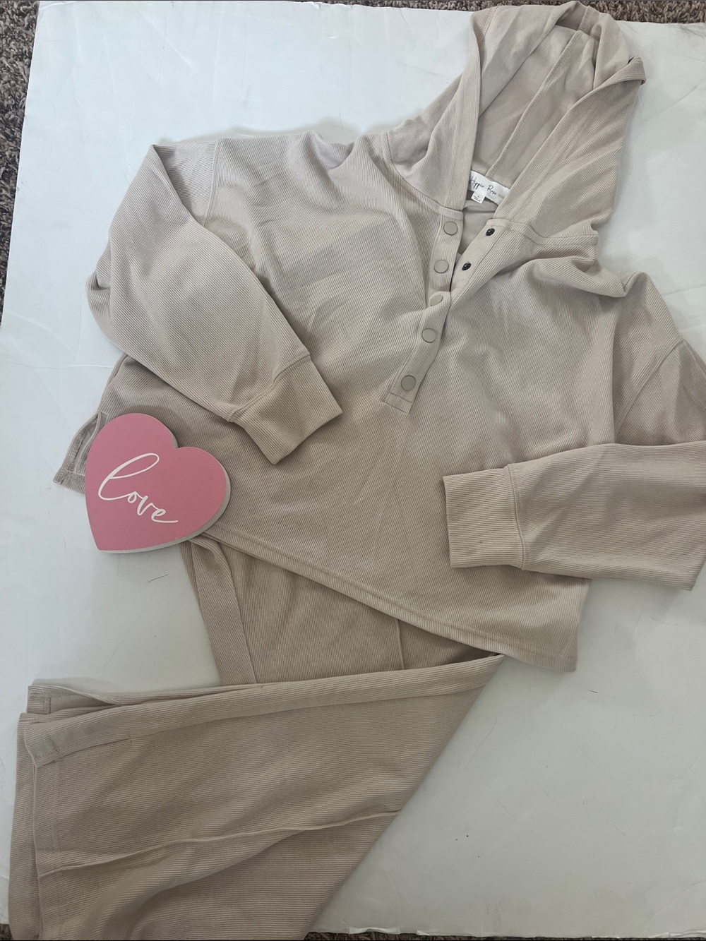 Hippie Rose Waffle Knit Hoodie and Pants Set in Light Beige